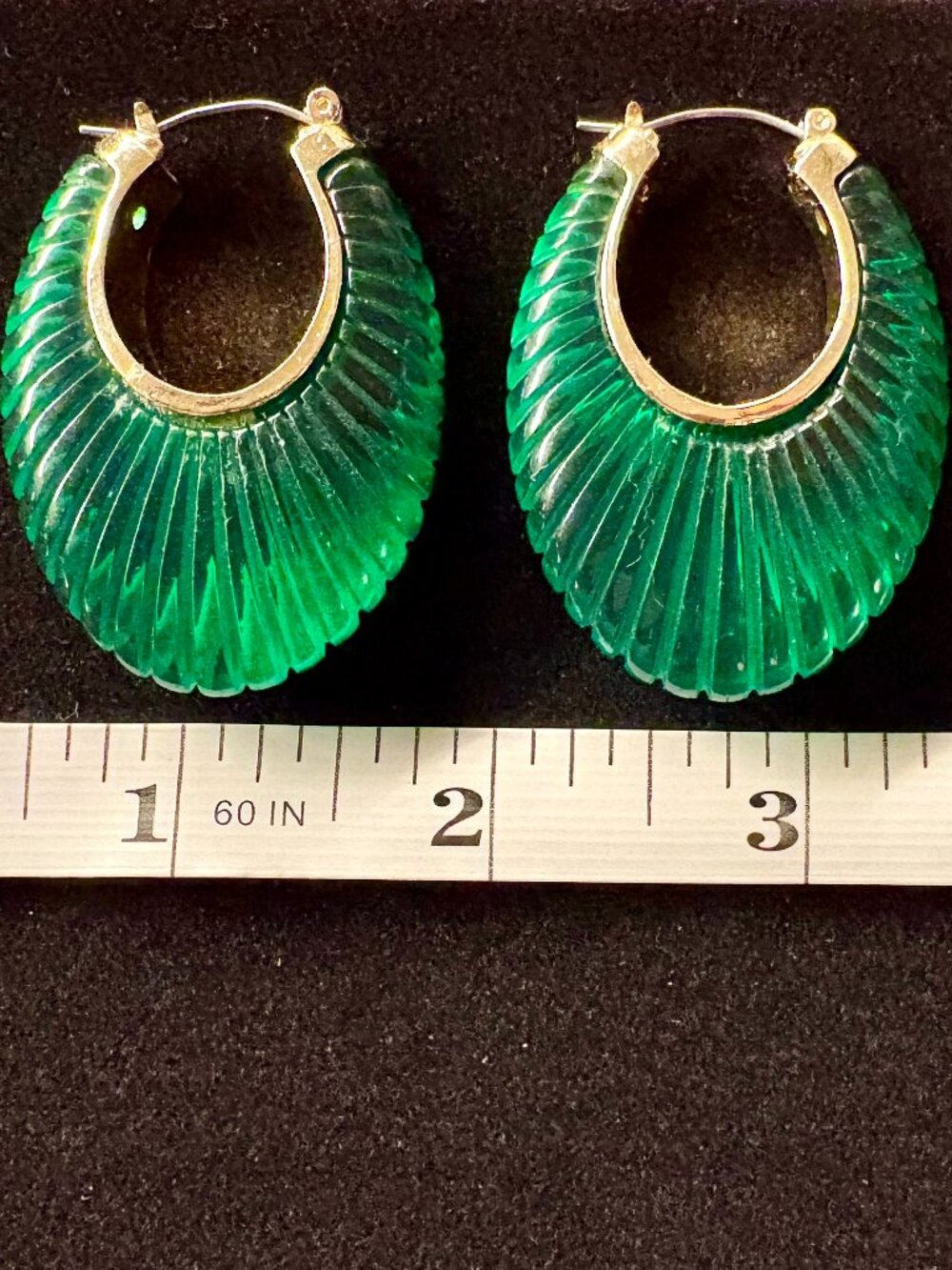 Vintage Carved Hoop Earrings in Emerald Green and Gold